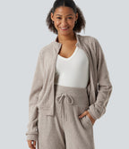 Ribbed Knit Stand Collar Side Stripe Long Sleeve Casual Track Jacket with Pockets — Smoked Olive — view 6