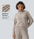 Ribbed Knit Stand Collar Side Stripe Long Sleeve Casual Track Jacket with Pockets — Smoked Olive — view 1