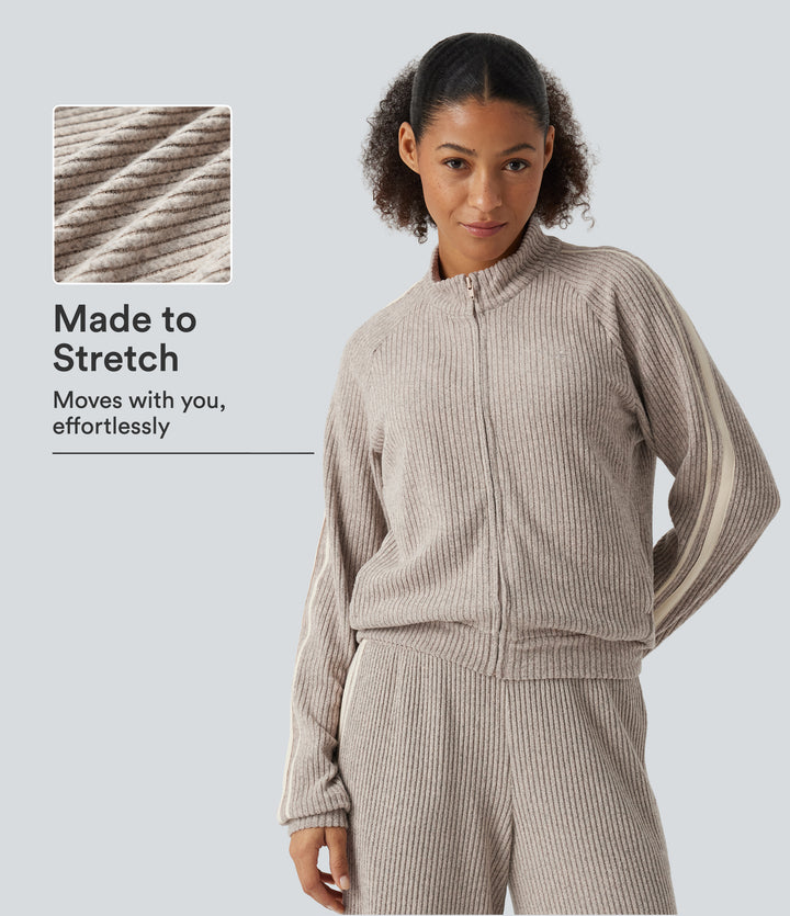 Ribbed Knit Stand Collar Side Stripe Long Sleeve Casual Track Jacket with Pockets — Smoked Olive — view 1