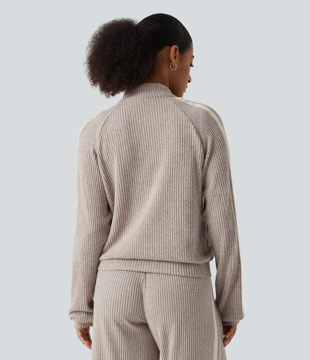 Ribbed Knit Stand Collar Side Stripe Long Sleeve Casual Track Jacket with Pockets — Smoked Olive — view 2