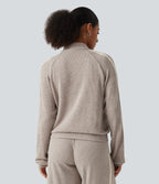 Ribbed Knit Stand Collar Side Stripe Long Sleeve Casual Track Jacket with Pockets — Smoked Olive — view 2