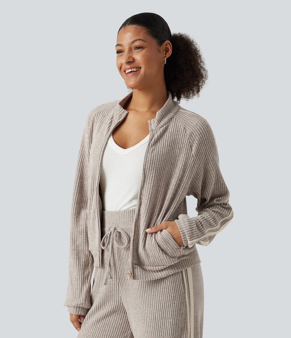 Ribbed Knit Stand Collar Side Stripe Long Sleeve Casual Track Jacket with Pockets — Smoked Olive — view 3