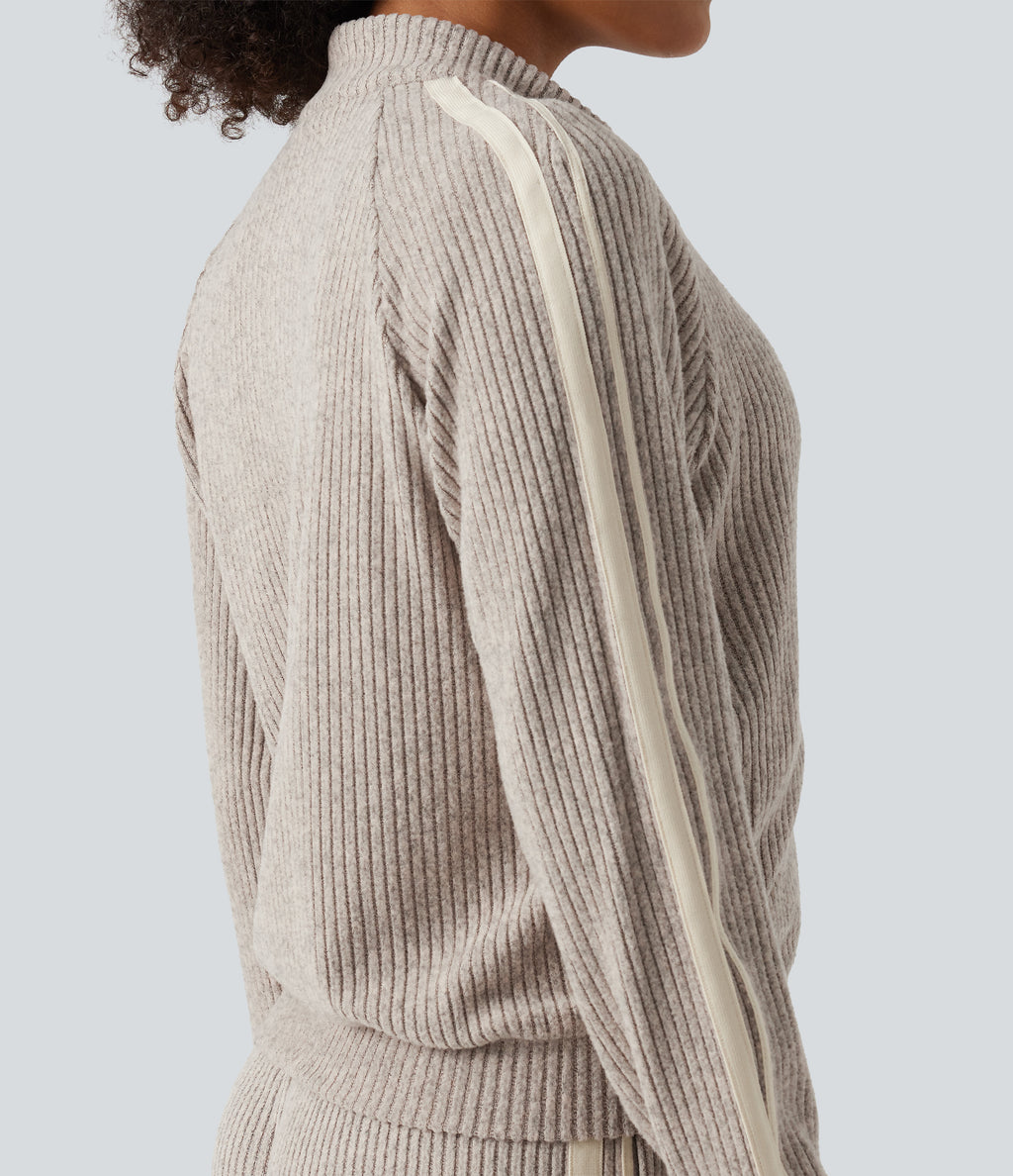 Ribbed Knit Stand Collar Side Stripe Long Sleeve Casual Track Jacket with Pockets — Smoked Olive — view 8