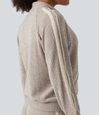 Ribbed Knit Stand Collar Side Stripe Long Sleeve Casual Track Jacket with Pockets — Smoked Olive — view 8