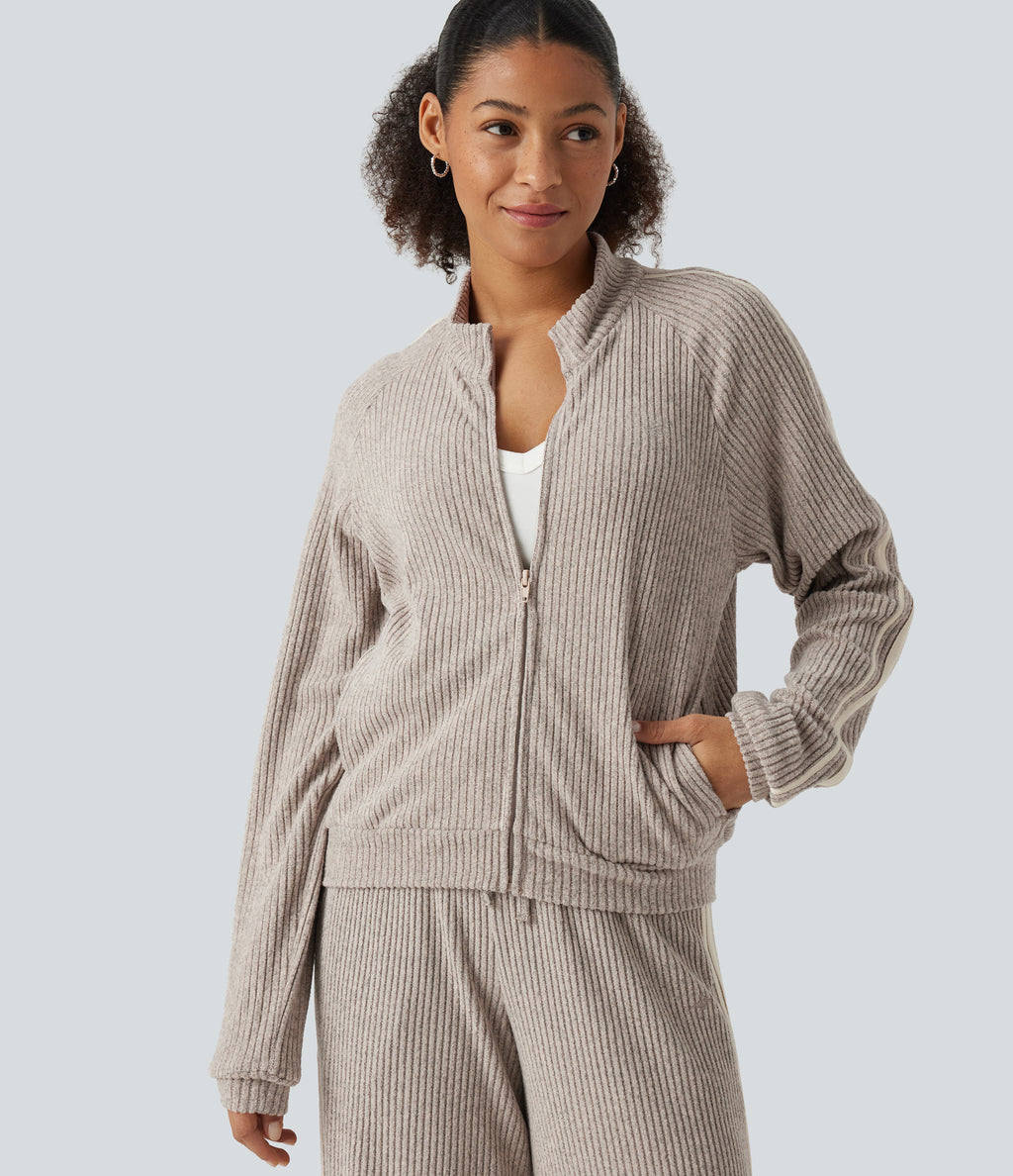 Ribbed Knit Stand Collar Side Stripe Long Sleeve Casual Track Jacket with Pockets — Smoked Olive — view 5