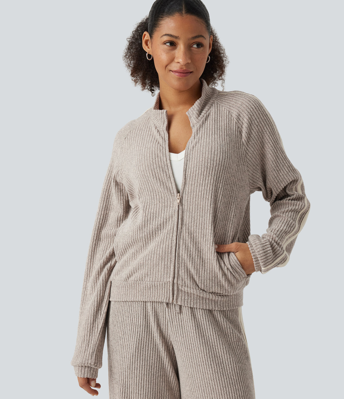 Ribbed Knit Stand Collar Side Stripe Long Sleeve Casual Track Jacket with Pockets — Smoked Olive — view 5