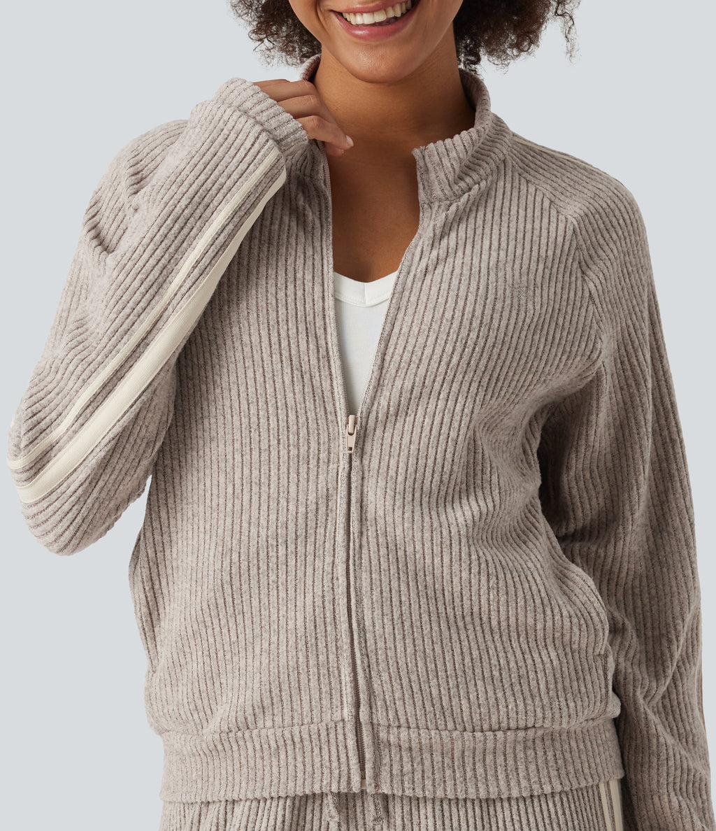 Ribbed Knit Stand Collar Side Stripe Long Sleeve Casual Track Jacket with Pockets — Smoked Olive — view 7