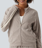 Ribbed Knit Stand Collar Side Stripe Long Sleeve Casual Track Jacket with Pockets — Smoked Olive — view 7