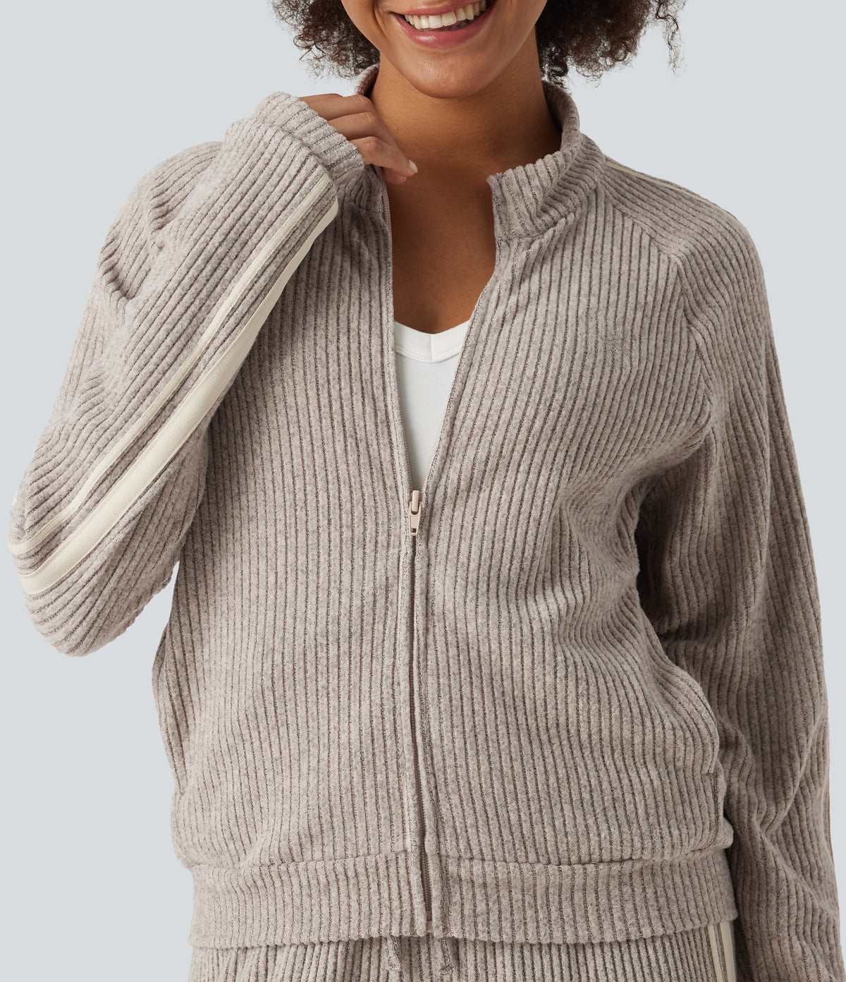 Ribbed Knit Stand Collar Side Stripe Long Sleeve Casual Track Jacket with Pockets — Smoked Olive — view 7