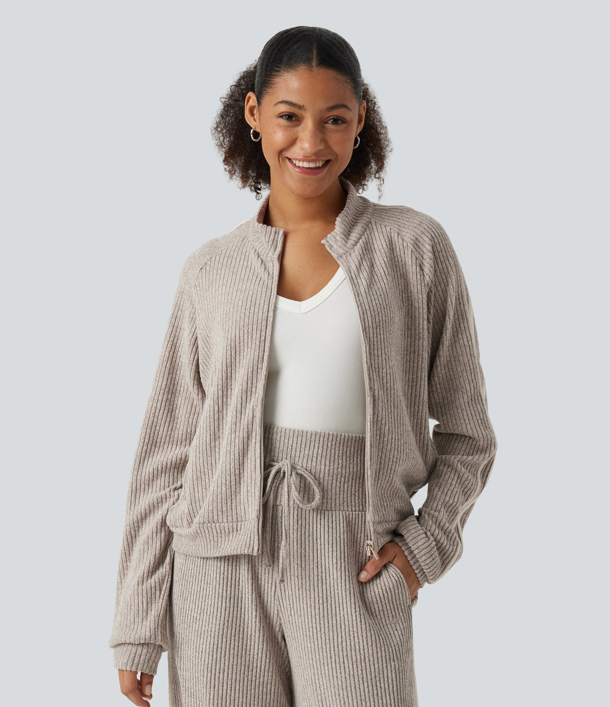 Ribbed Knit Stand Collar Side Stripe Long Sleeve Casual Track Jacket with Pockets — Smoked Olive — view 4