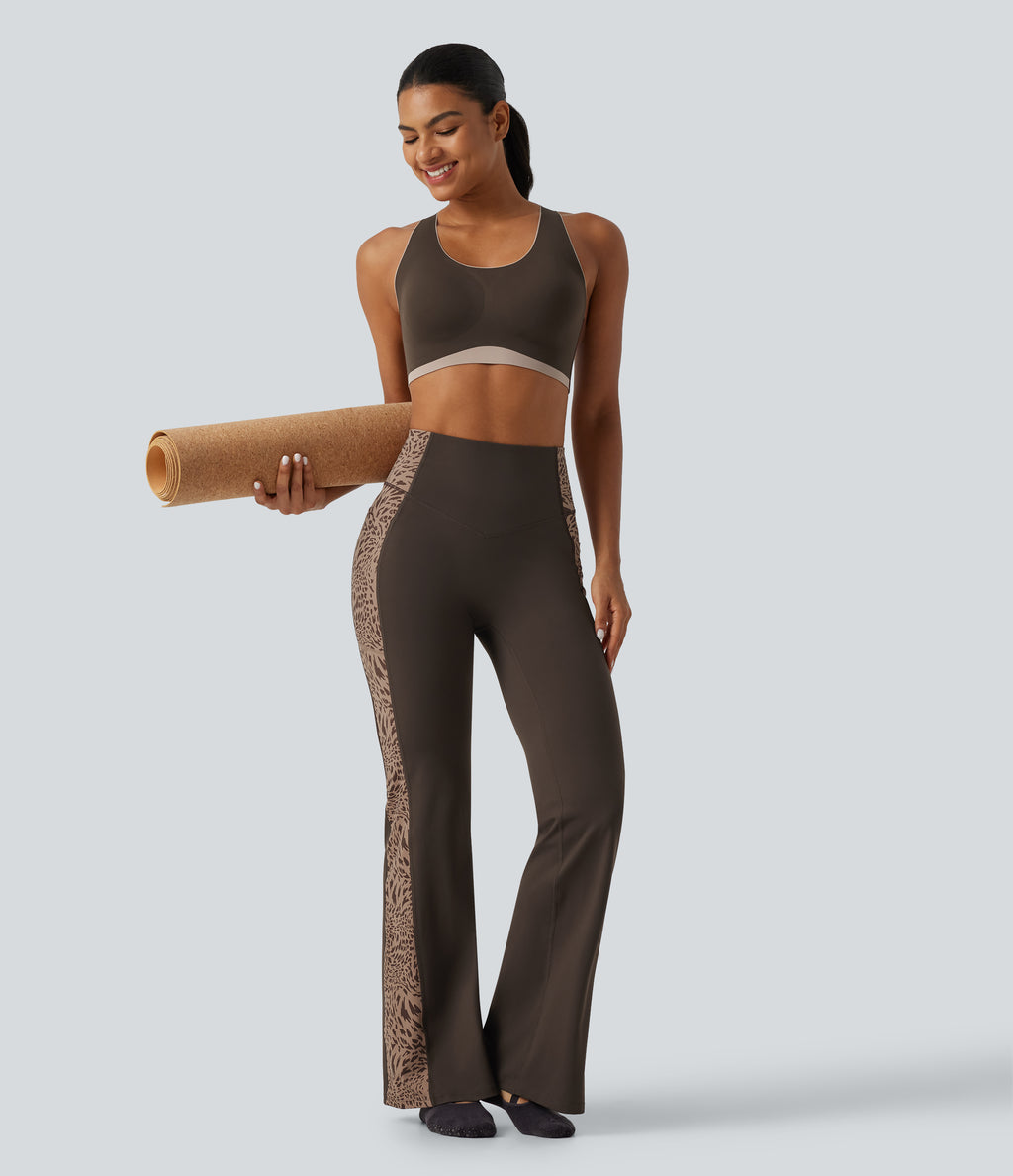 High Waisted Tummy Control Leopard Print Yoga Bootcut Leggings with Pockets — Hot Fudge — view 7