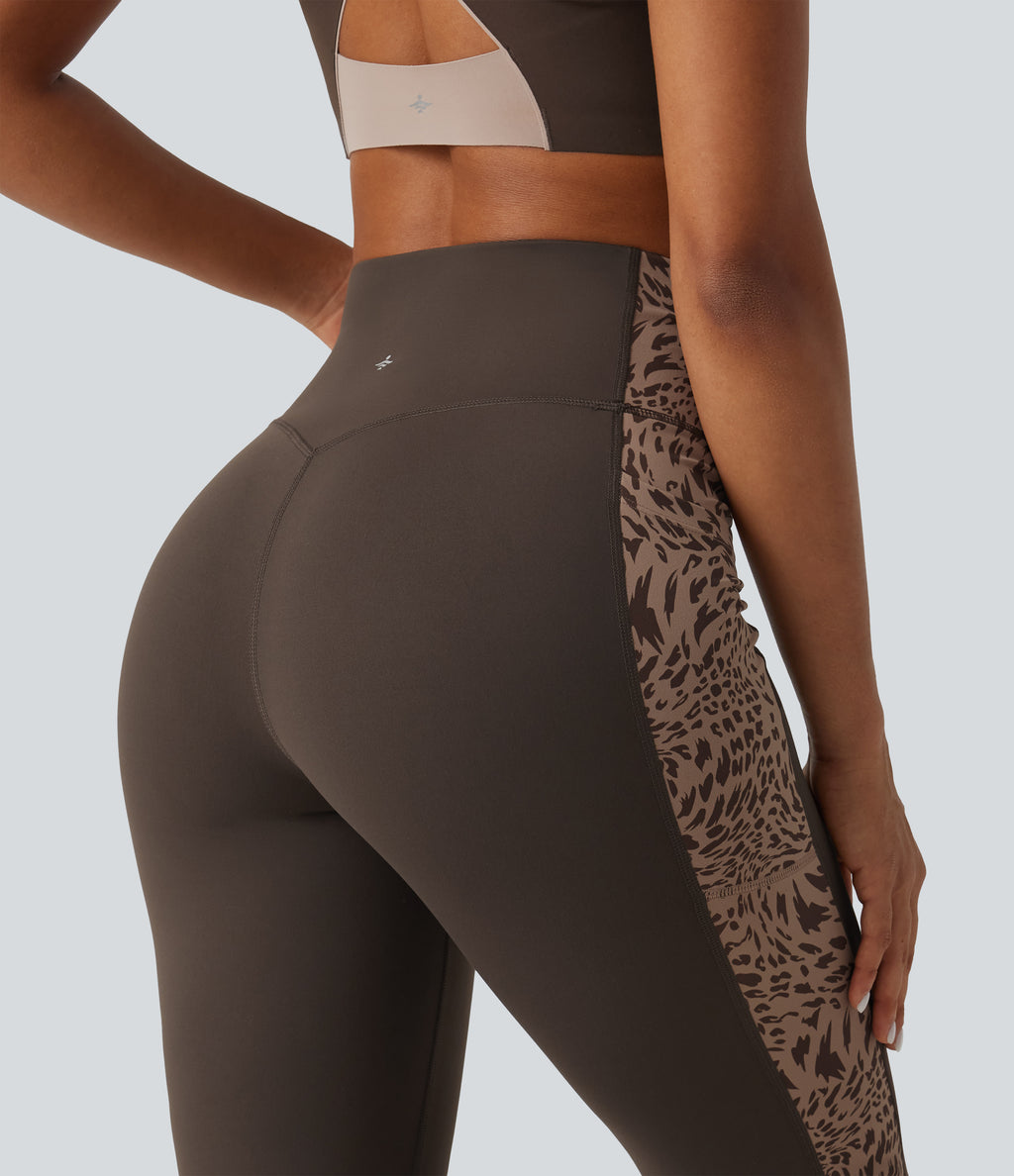 High Waisted Tummy Control Leopard Print Yoga Bootcut Leggings with Pockets — Hot Fudge — view 5