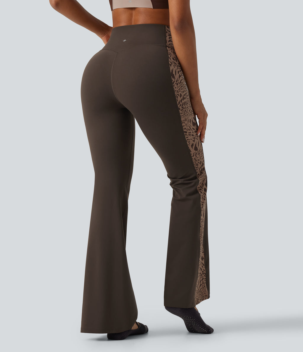 High Waisted Tummy Control Leopard Print Yoga Bootcut Leggings with Pockets — Hot Fudge — view 2