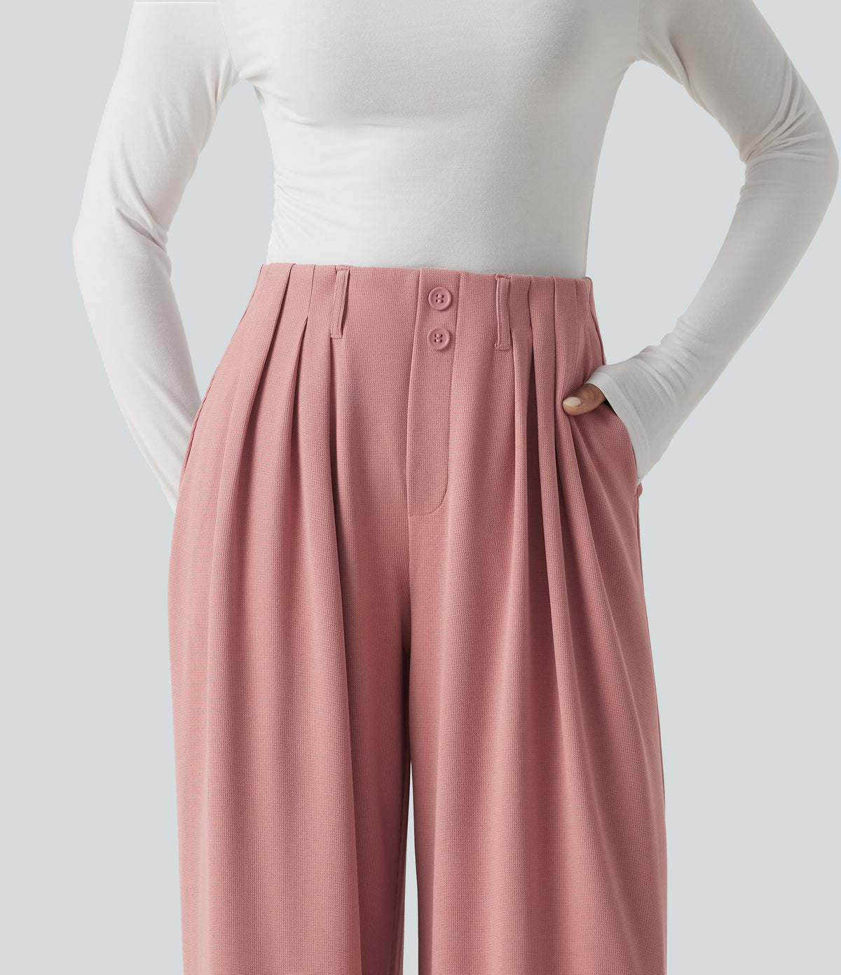 Mid Rise Wide Leg Waffle Work Trousers with Pockets — Rose Tan — view 4
