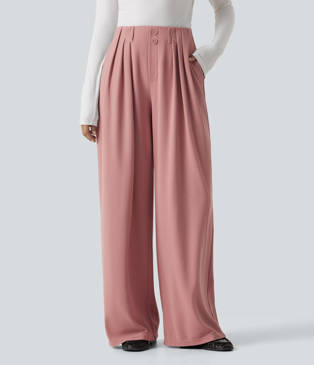 Mid Rise Wide Leg Waffle Work Trousers with Pockets — Rose Tan — view 1