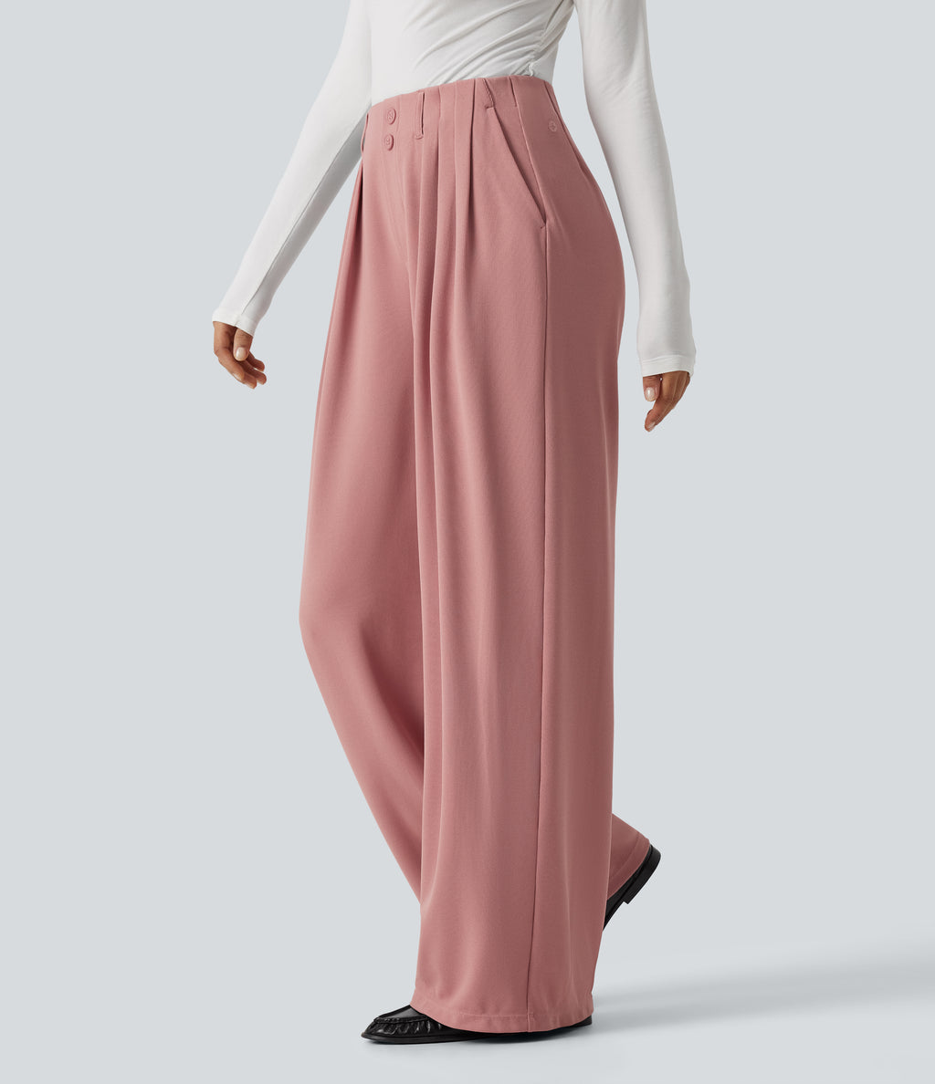 Mid Rise Wide Leg Waffle Work Trousers with Pockets — Rose Tan — view 3