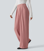 Mid Rise Wide Leg Waffle Work Trousers with Pockets — Rose Tan — view 3
