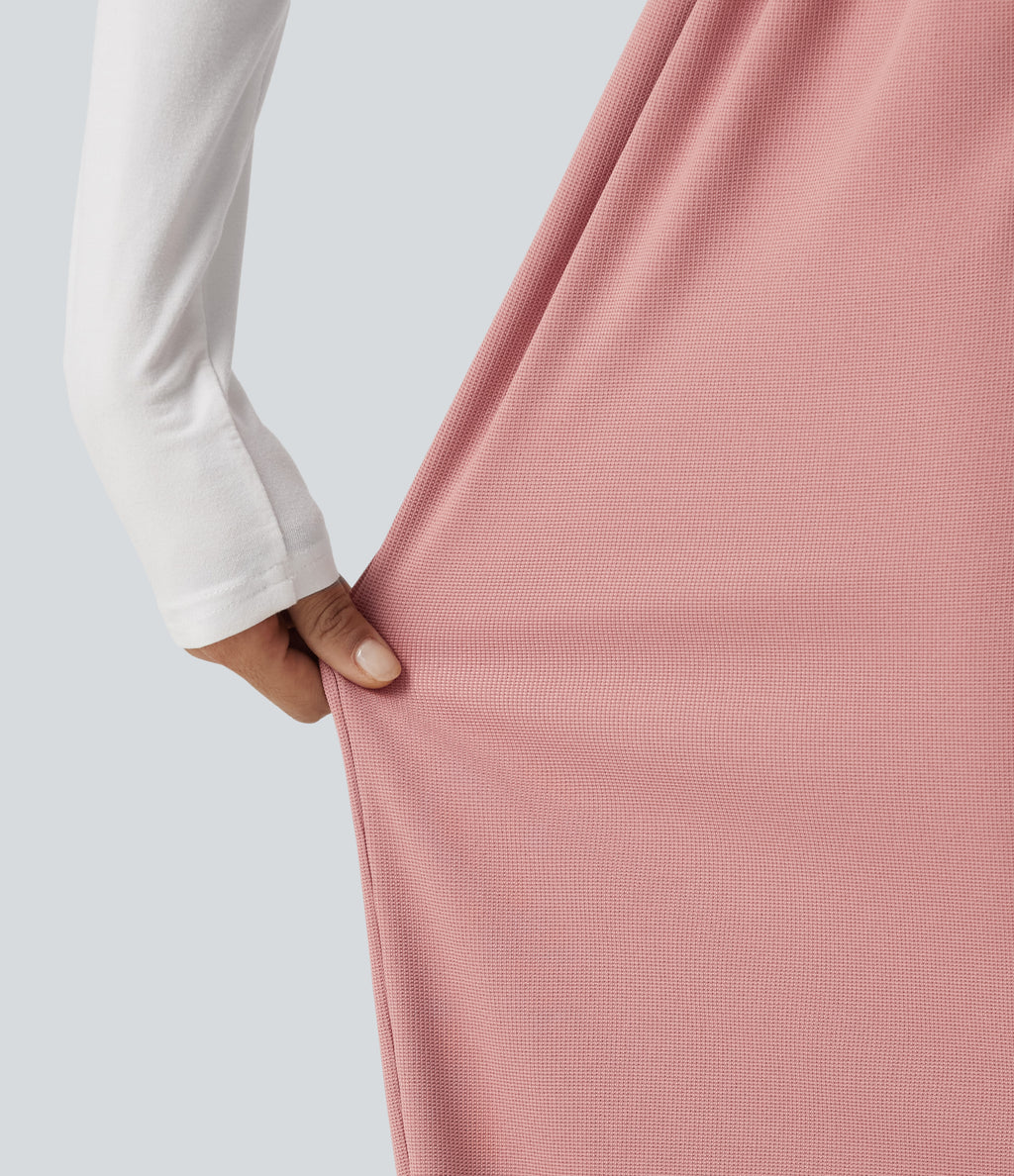 Mid Rise Wide Leg Waffle Work Trousers with Pockets — Rose Tan — view 6