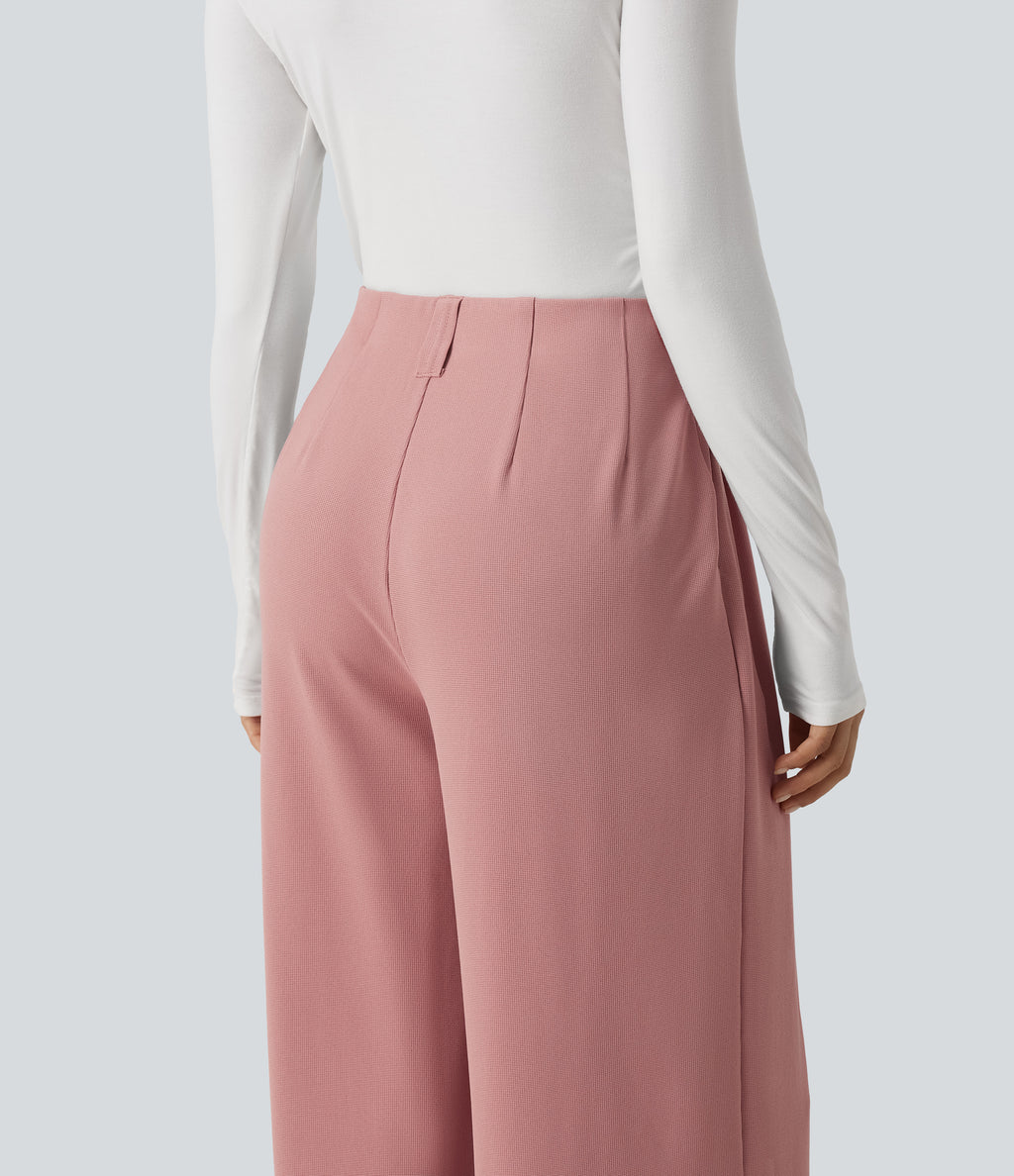 Mid Rise Wide Leg Waffle Work Trousers with Pockets — Rose Tan — view 5