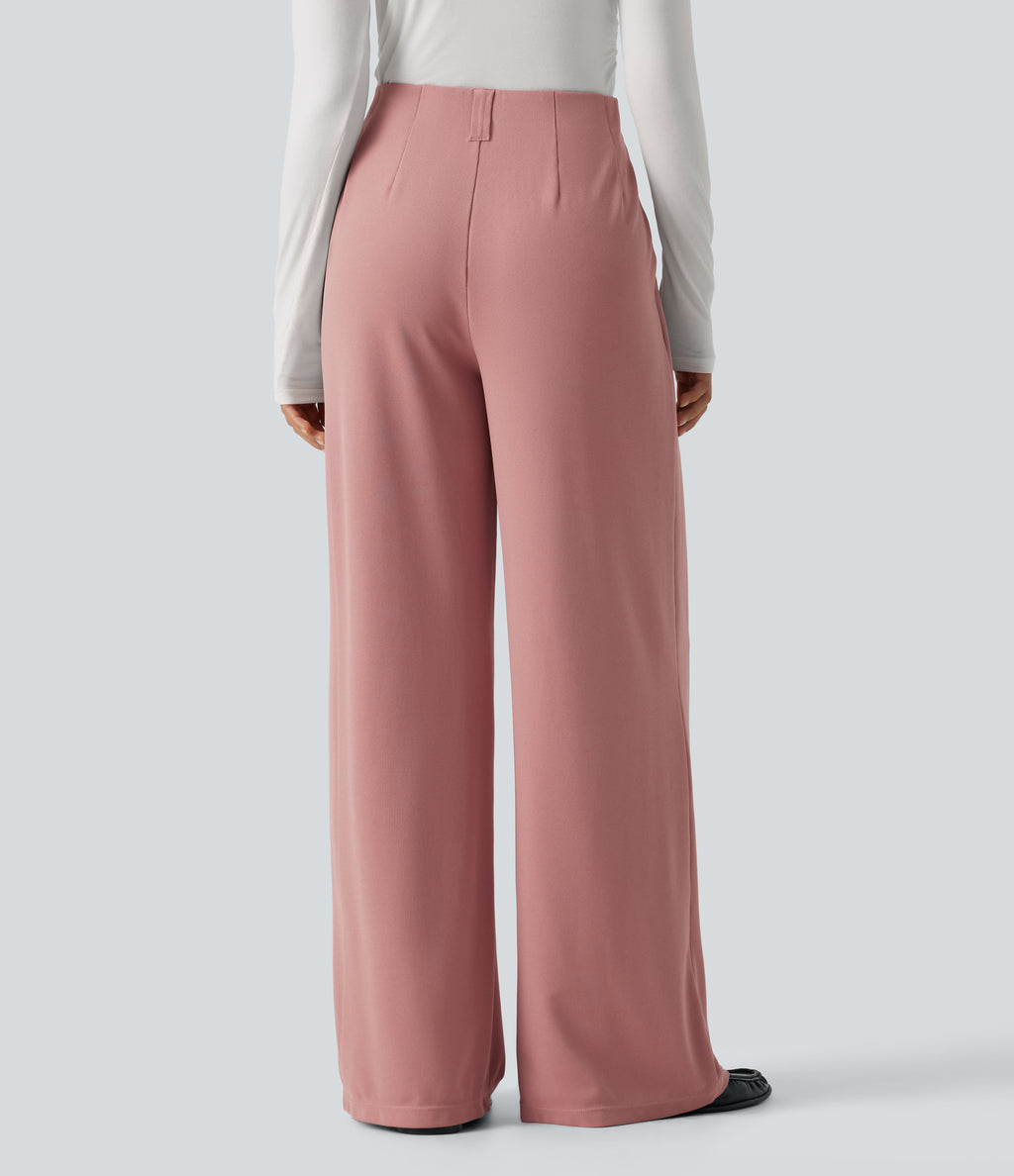Mid Rise Wide Leg Waffle Work Trousers with Pockets — Rose Tan — view 2