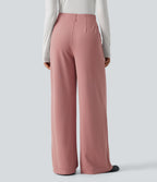 Mid Rise Wide Leg Waffle Work Trousers with Pockets — Rose Tan — view 2