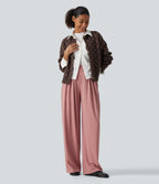 Mid Rise Wide Leg Waffle Work Trousers with Pockets — Rose Tan — view 7