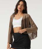 V Neck Long Sleeve Fringe Suede Casual Blazer — Coca Mocha — view 1