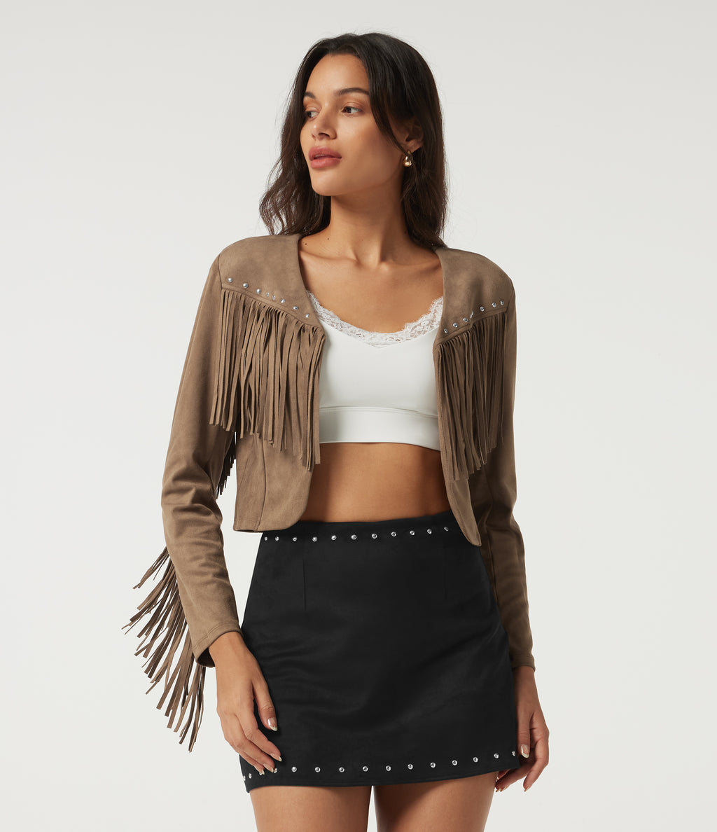 V Neck Long Sleeve Fringe Suede Casual Blazer — Coca Mocha — view 4