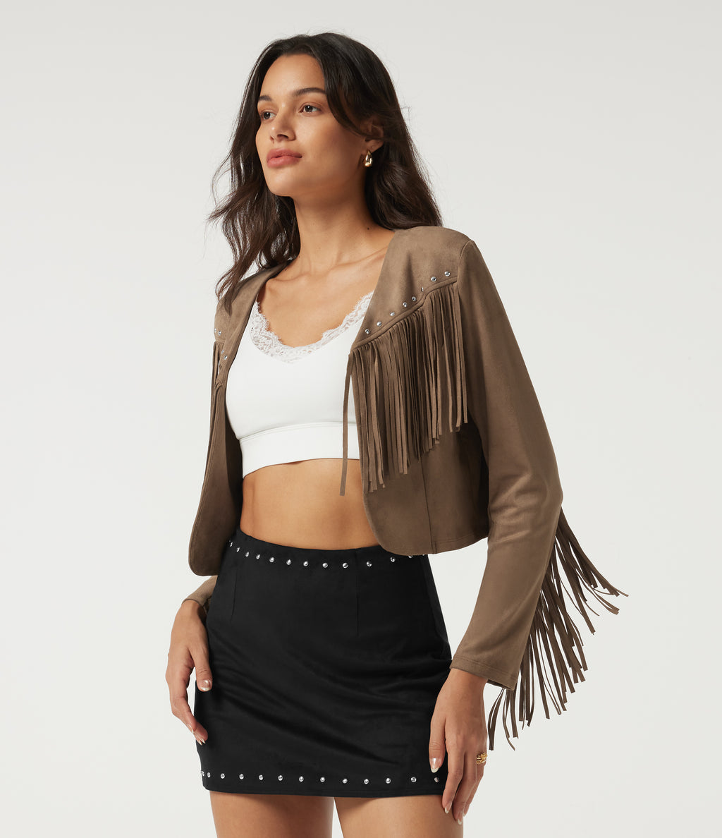 V Neck Long Sleeve Fringe Suede Casual Blazer — Coca Mocha — view 3