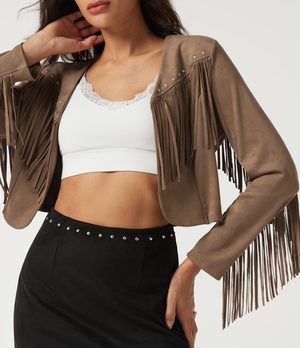 V Neck Long Sleeve Fringe Suede Casual Blazer — Coca Mocha — view 5