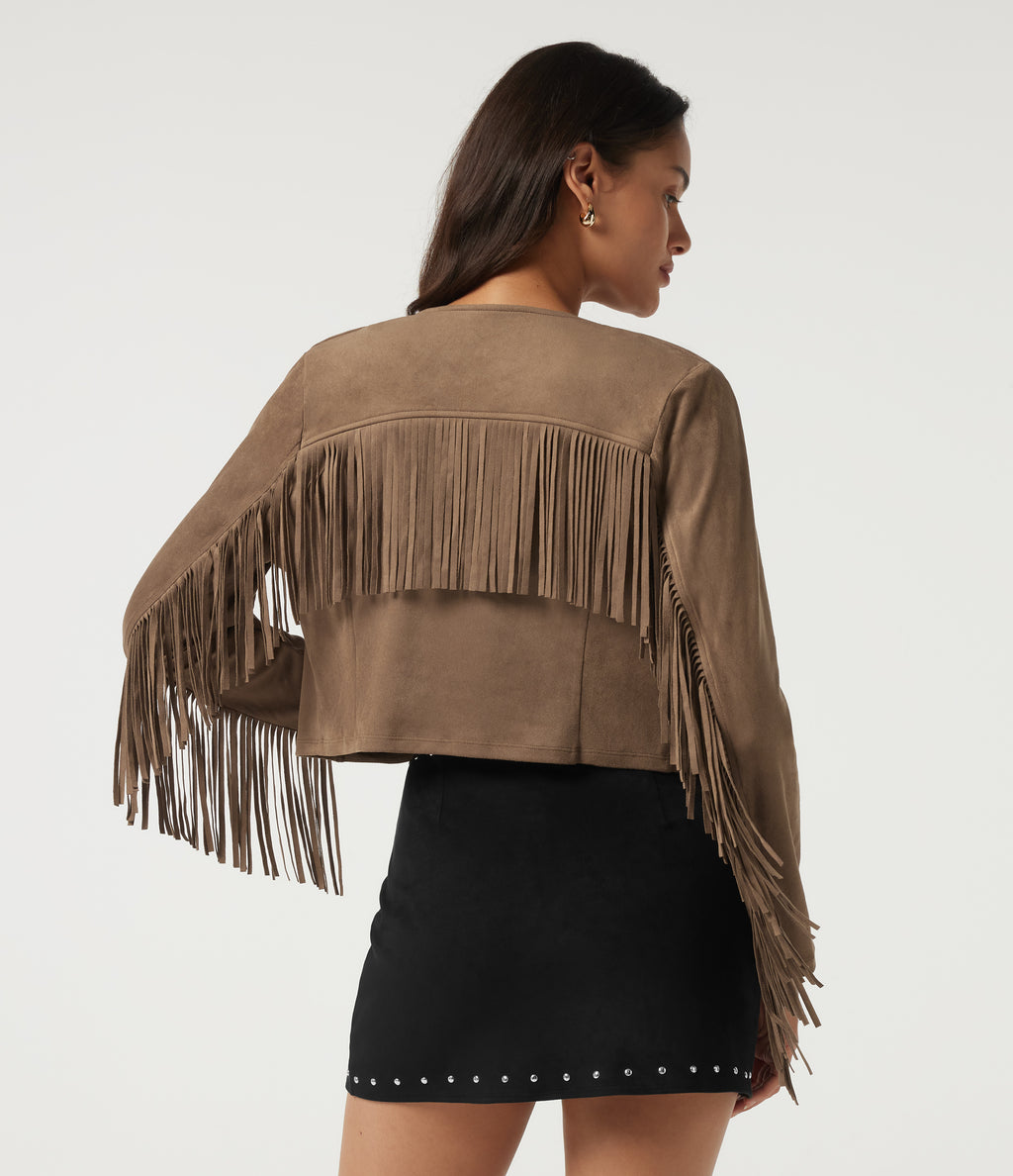 V Neck Long Sleeve Fringe Suede Casual Blazer — Coca Mocha — view 2