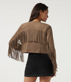 V Neck Long Sleeve Fringe Suede Casual Blazer — Coca Mocha — view 2
