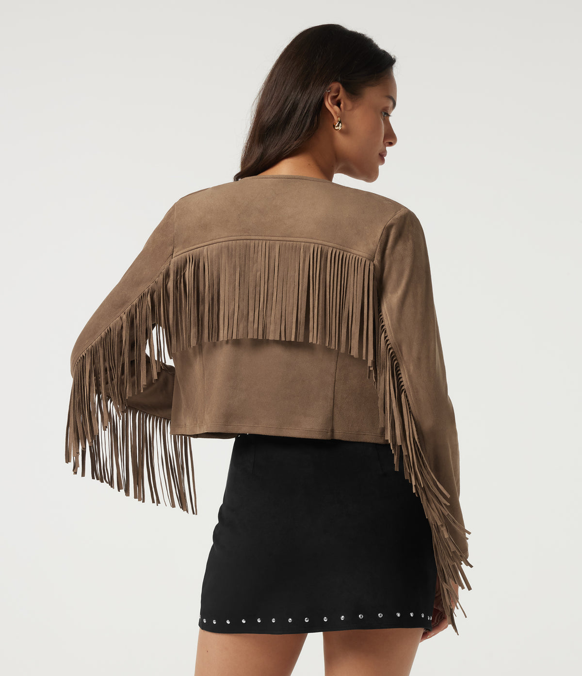V Neck Long Sleeve Fringe Suede Casual Blazer — Coca Mocha — view 2