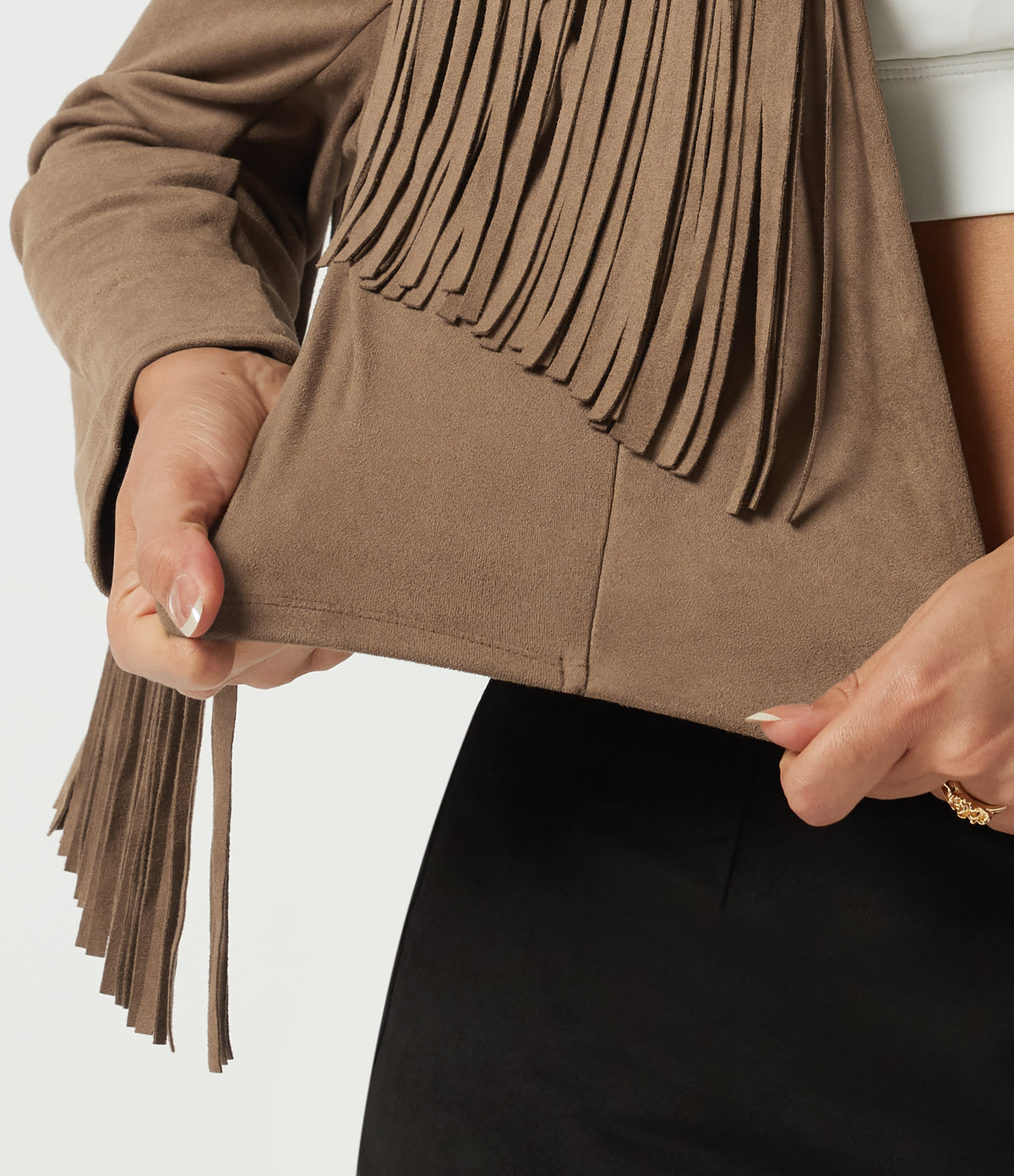 V Neck Long Sleeve Fringe Suede Casual Blazer — Coca Mocha — view 7
