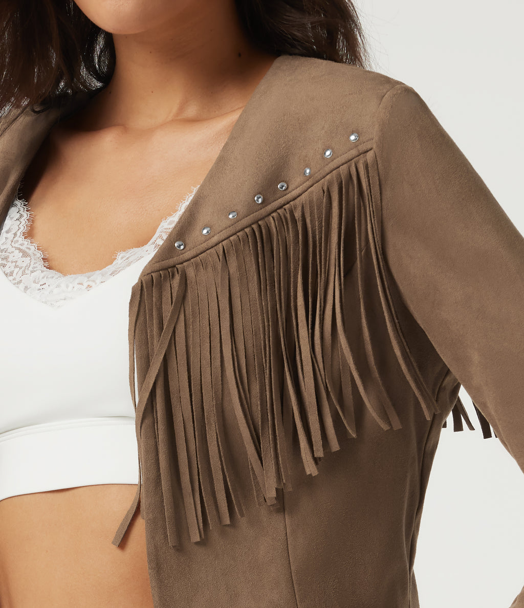 V Neck Long Sleeve Fringe Suede Casual Blazer — Coca Mocha — view 6