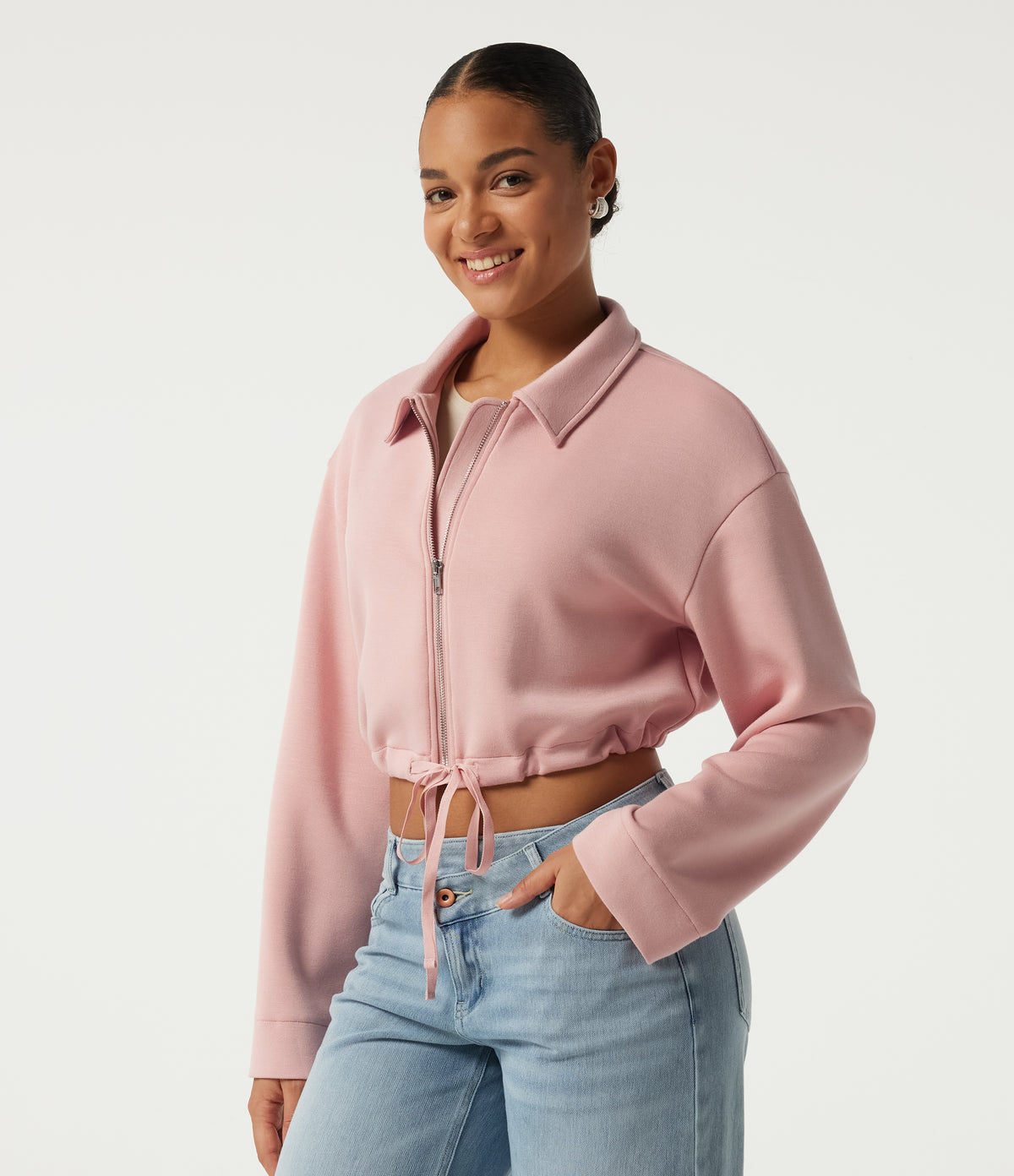 Long Sleeve Casual Shacket with Pockets — Peach Pomelo Pink — view 3