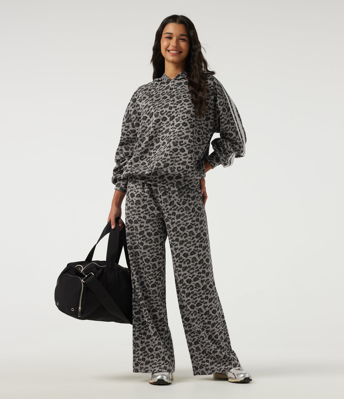 High Waisted Drawstring Wide Leg Leopard Print Casual Trousers with Pockets — Silver Leopard Print — view 6