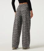 High Waisted Drawstring Wide Leg Leopard Print Casual Trousers with Pockets — Silver Leopard Print — view 2