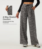 High Waisted Drawstring Wide Leg Leopard Print Casual Trousers with Pockets — Silver Leopard Print — view 1