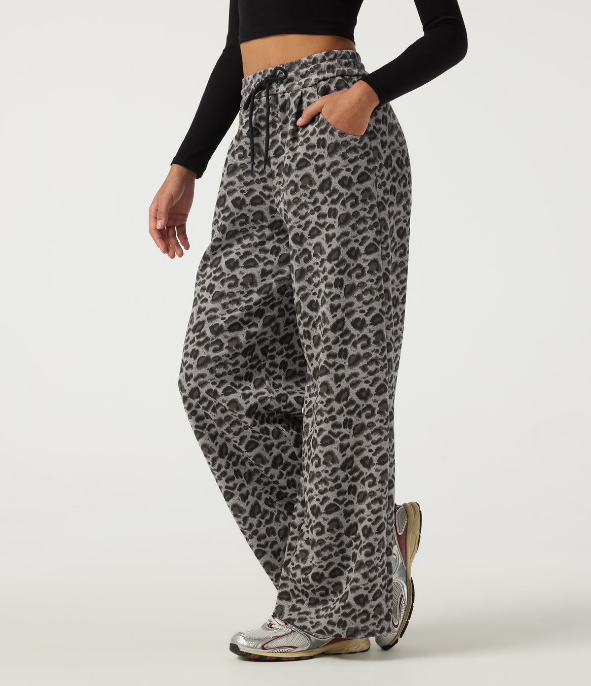 High Waisted Drawstring Wide Leg Leopard Print Casual Trousers with Pockets — Silver Leopard Print — view 3