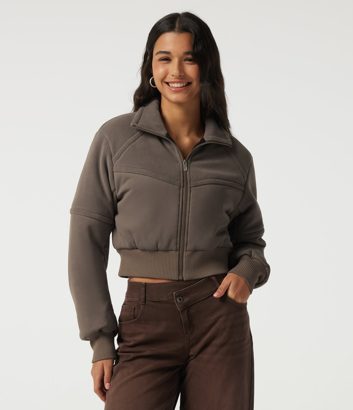 Stand Collar Long Sleeve Casual Padded Jacket — Walnut — view 4
