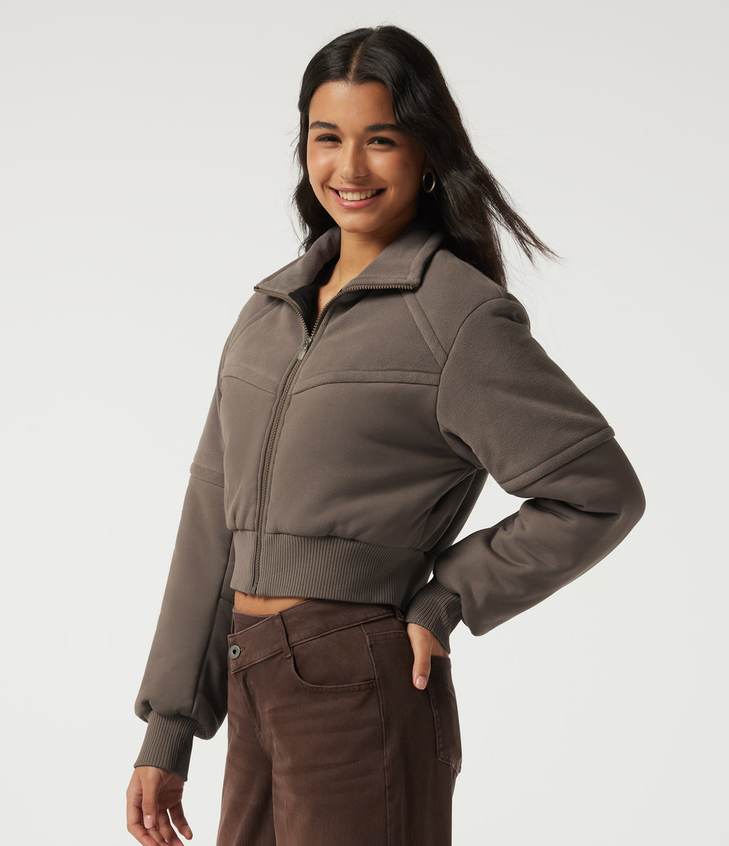 Stand Collar Long Sleeve Casual Padded Jacket — Walnut — view 3