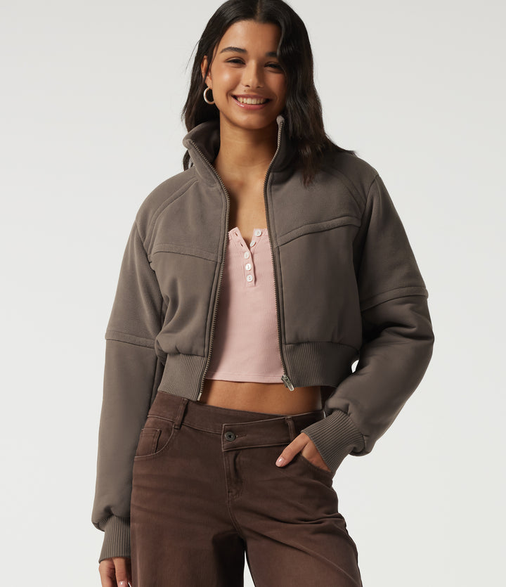Stand Collar Long Sleeve Casual Padded Jacket — Walnut — view 1