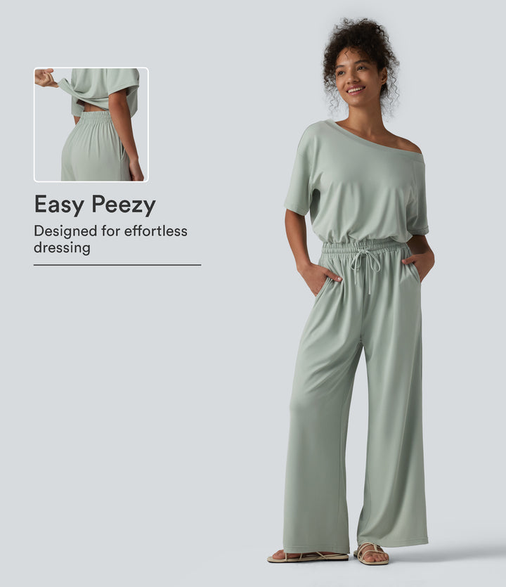 Boat Neck Short Sleeve Drawstring Baggy Casual Jumpsuit with Pockets-Edition — Aqua Gray — view 1