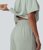 Boat Neck Short Sleeve Drawstring Baggy Casual Jumpsuit with Pockets-Edition — Aqua Gray — view 5