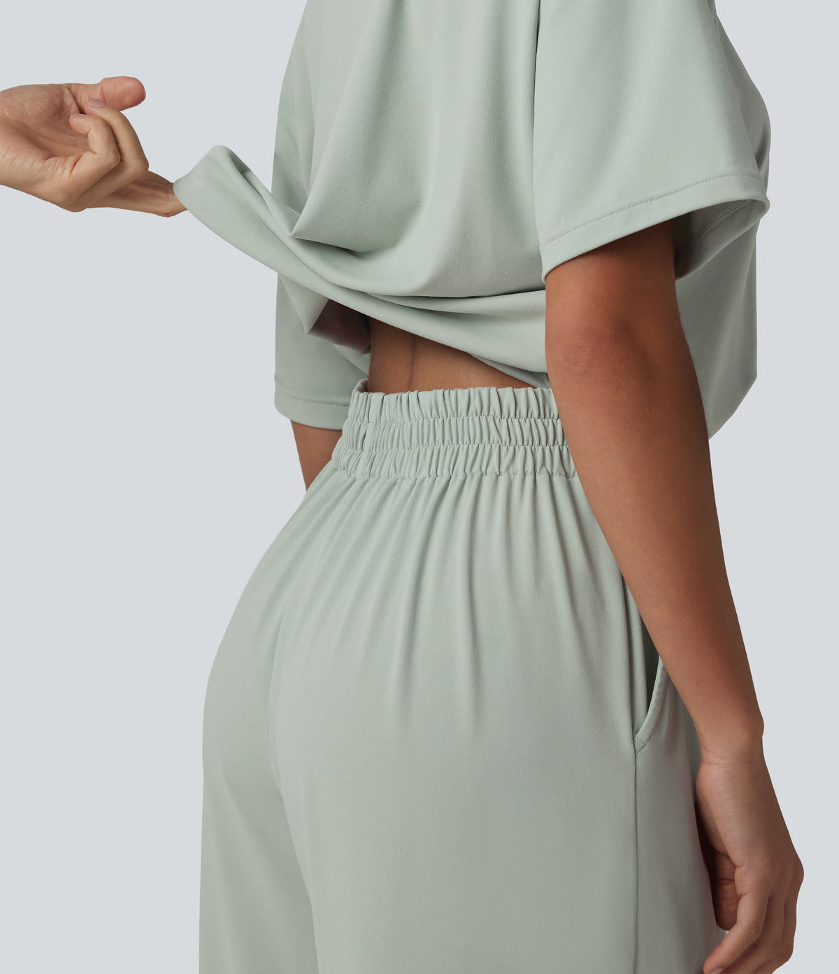 Boat Neck Short Sleeve Drawstring Baggy Casual Jumpsuit with Pockets-Edition — Aqua Gray — view 5
