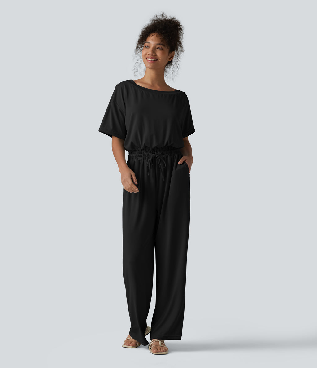 Boat Neck Short Sleeve Drawstring Baggy Casual Jumpsuit with Pockets-Edition — Black — view 6