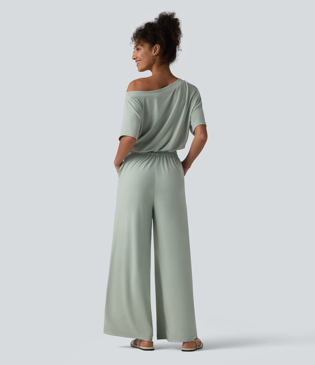 Boat Neck Short Sleeve Drawstring Baggy Casual Jumpsuit with Pockets-Edition — Aqua Gray — view 2
