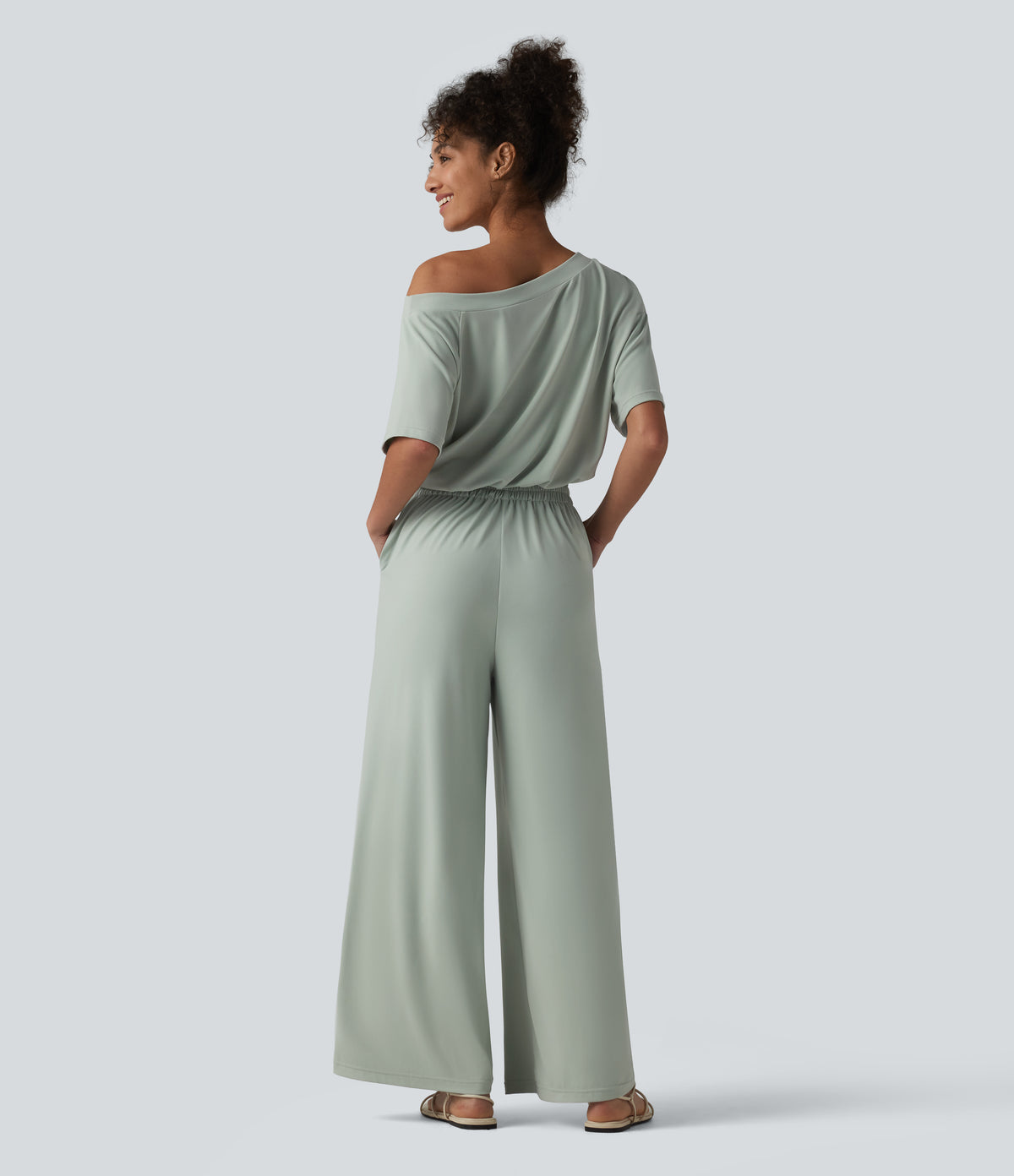 Boat Neck Short Sleeve Drawstring Baggy Casual Jumpsuit with Pockets-Edition — Aqua Gray — view 2