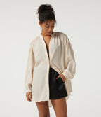 V Neck Long Sleeve Ruched Curved Hem Casual Linen-Feel Blouse — Vanilla Ice — view 5